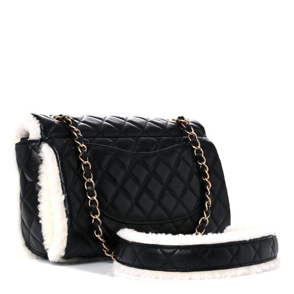 Authentic CHANEL Lambskin Quilted Shearling Large CC Flap Bag Black White Purse - Picture 6 of 13